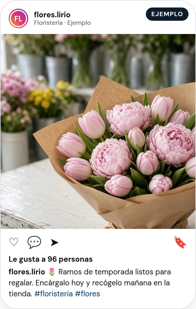 Publicación de ejemplo de una floristería con un ramo de peonías y tulipanes